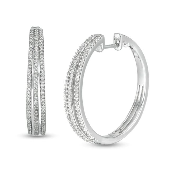 1/2 CT. T.w. Diamond Split Triple Row Hoop Earrings in Sterling Silver