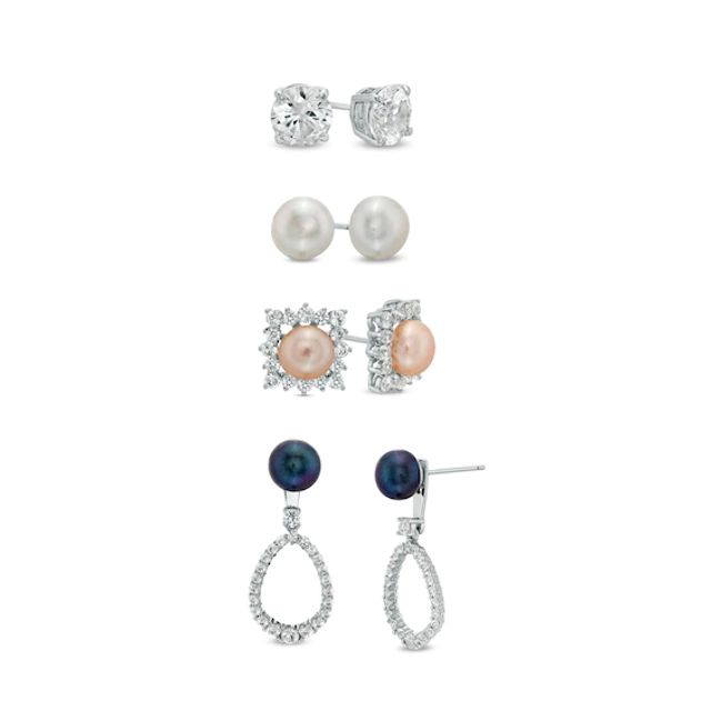 Button Multi-Color Freshwater Cultured Pearl and Lab-Created White Sapphire Earrings and Jacket Set in Sterling Silver