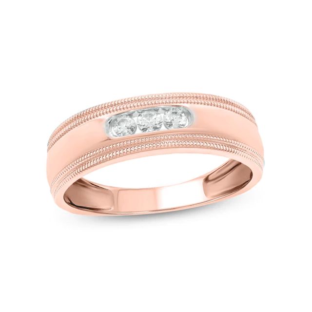 Men's 1/5 CT. T.w. Diamond Three Stone Milgrain Wedding Band in 10K Rose Gold