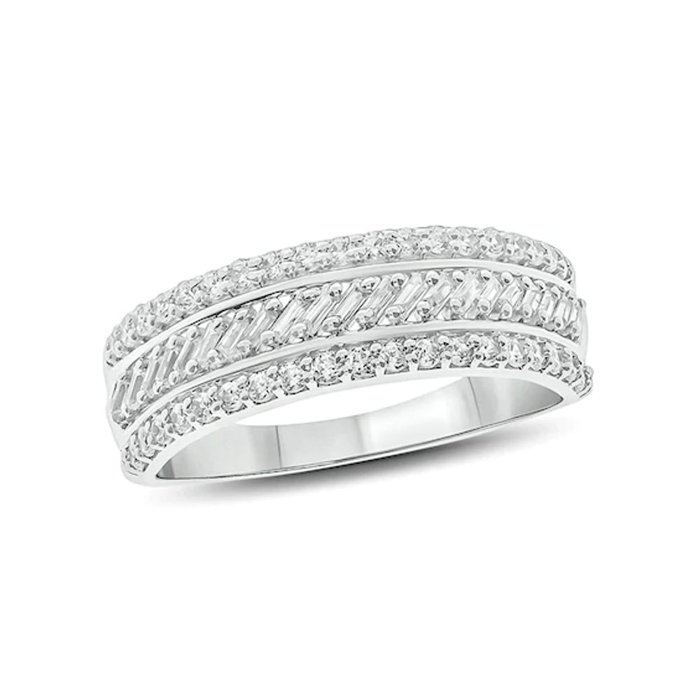 1/2 CT. T.w. Baguette and Round Diamond Slant Stripe Anniversary Band in 10K White Gold