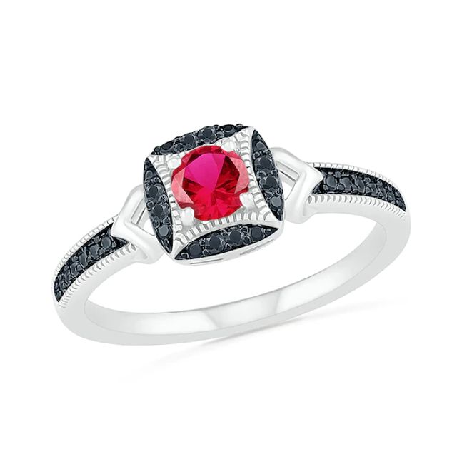 Lab-Created Ruby and 1/20 CT. T.w. Black Diamond Cushion Frame Chevron Vintage-Style Ring in Sterling Silver