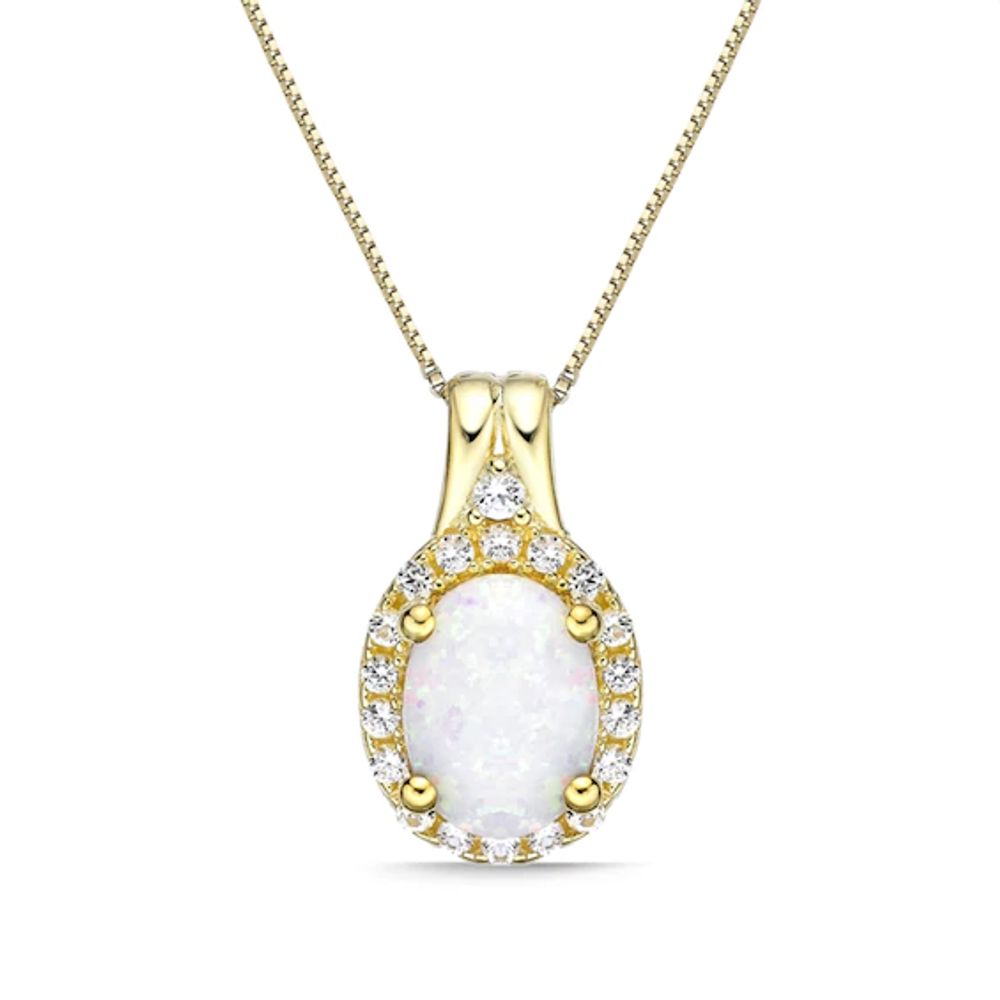 Oval Lab-Created Opal and White Sapphire Frame Pendant in Sterling Silver with 18K Gold Plate