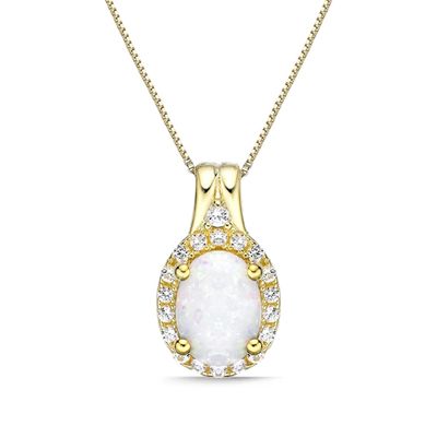 Oval Lab-Created Opal and White Sapphire Frame Pendant in Sterling Silver with 18K Gold Plate