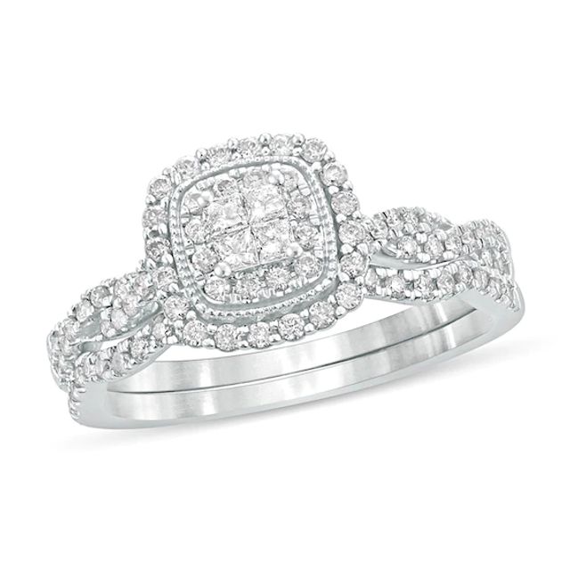 1/2 CT. T.w. Quad Princess-Cut Diamond Cushion Frame Twist Shank Bridal Set in 10K White Gold