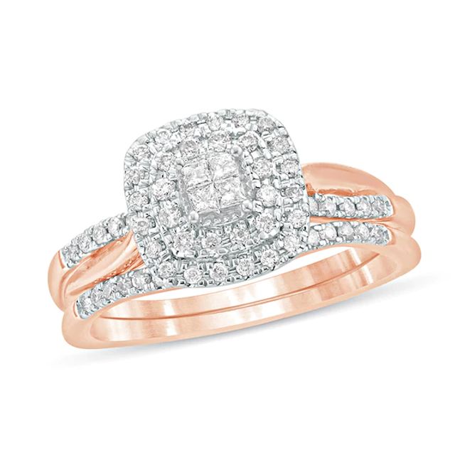 3/8 CT. T.w. Quad Princess-Cut Diamond Double Cushion Frame Twist Shank Bridal Set in 10K Rose Gold