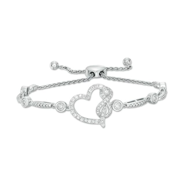 3/8 CT. T.w. Diamond Tilted Heart with Infinity Bolo Bracelet in Sterling Silver - 9.0"