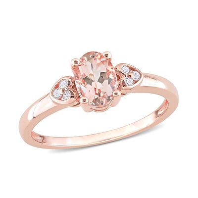 Oval Morganite and 1/20 CT. T.w. Diamond Trio Heart-Sides Ring in Sterling Silver with Rose Rhodium