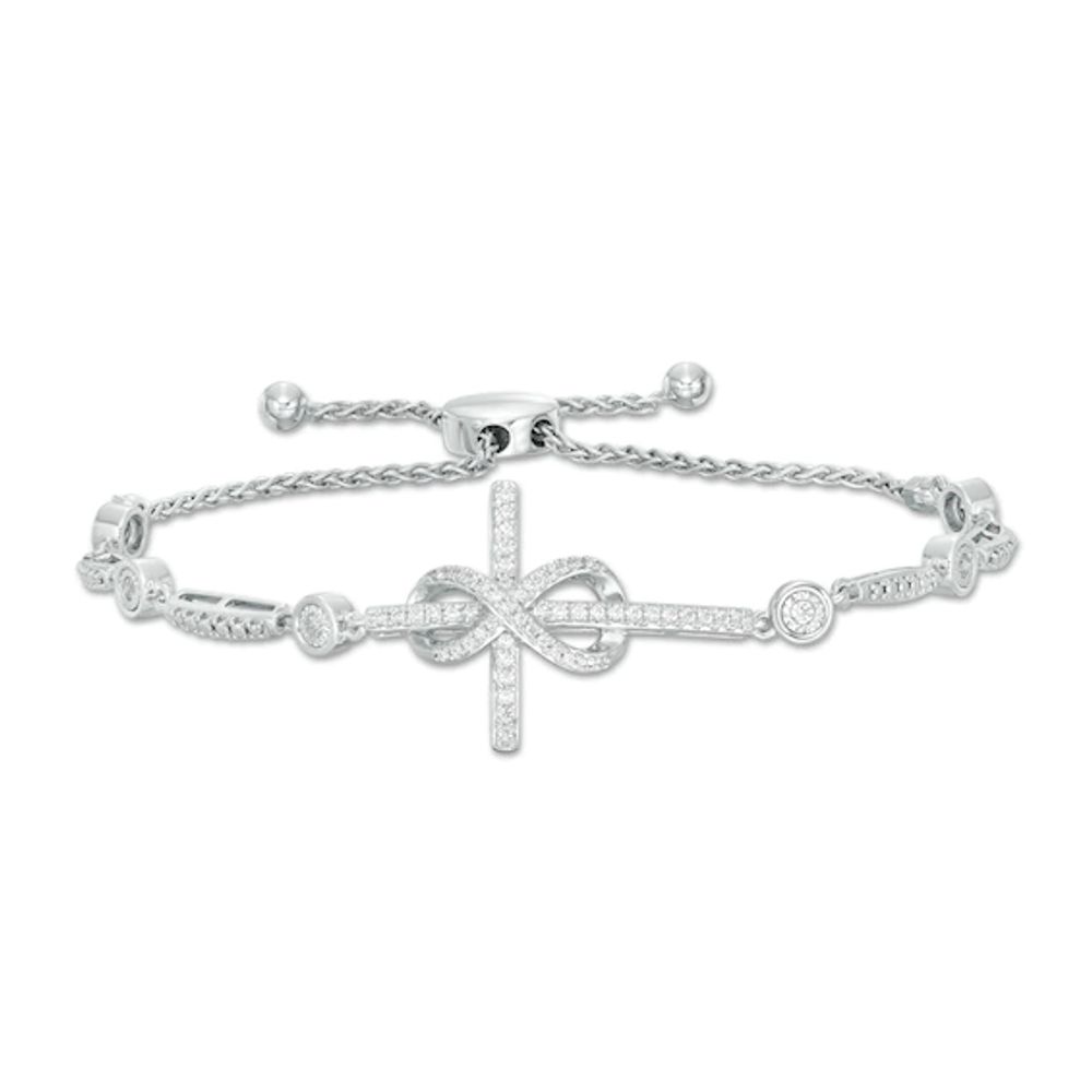 3/8 CT. T.w. Diamond Sideways Cross with Infinity Bolo Bracelet in Sterling Silver - 9.0"