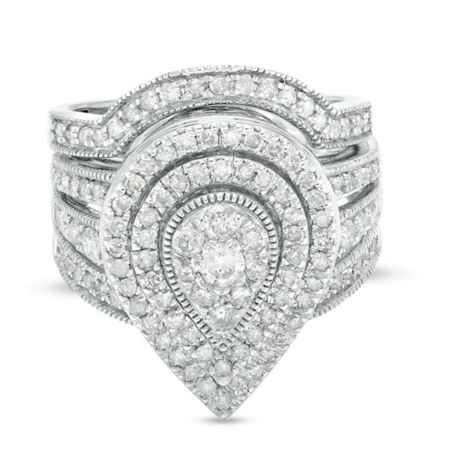 1-1/4 CT. T.w. Pear-Shaped Multi-Diamond Frame Multi-Row Vintage-Style Bridal Set in 10K White Gold
