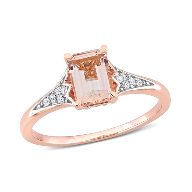 Emerald-Cut Morganite and 1/10 CT. T.w. Diamond Floral Shank Ring in 10K Rose Gold