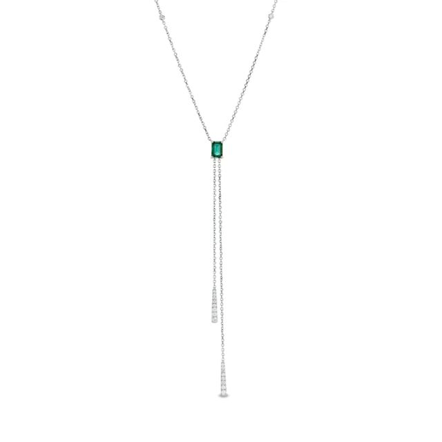 Emerald-Cut Emerald and 1/6 CT. T.w. Diamond Tassel Necklace in 14K White Gold