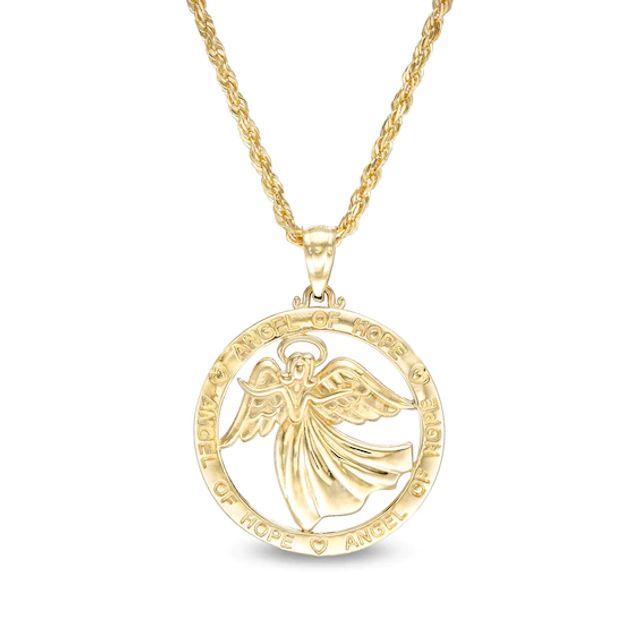 Exclusive Etched Guardian "Angel OF Hope" and Hearts Open Circle with Angel Pendant in 10K Gold