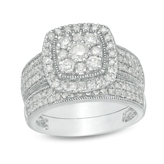 1-1/3 CT. T.w. Cushion Multi-Diamond Frame Multi-Row Vintage-Style Bridal Set in 10K White Gold