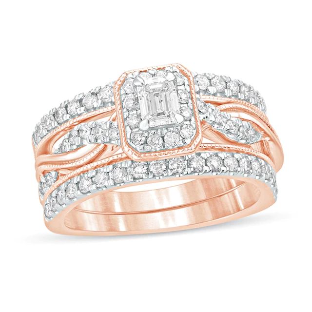 1 CT. T.w. Emerald-Cut Diamond Frame Twist Shank Vintage-Style Bridal Set in 14K Rose Gold