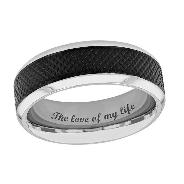 Men's 8.0mm Satin Quilt Pattern Inlay Beveled Edge Comfort-Fit Wedding Band in Stainless Steel and Black IP (1 Line)