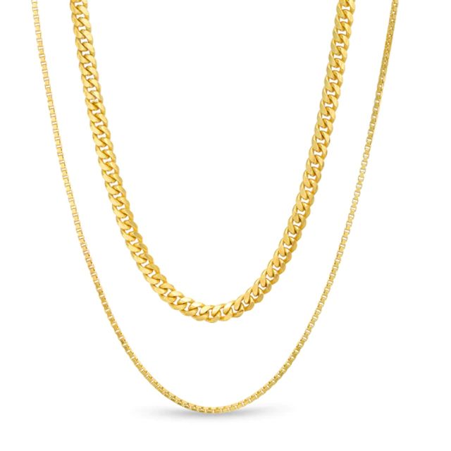 Made in Italy Cuban Curb and Box Chain Double Strand Necklace in Sterling Silver with 18K Gold Plate