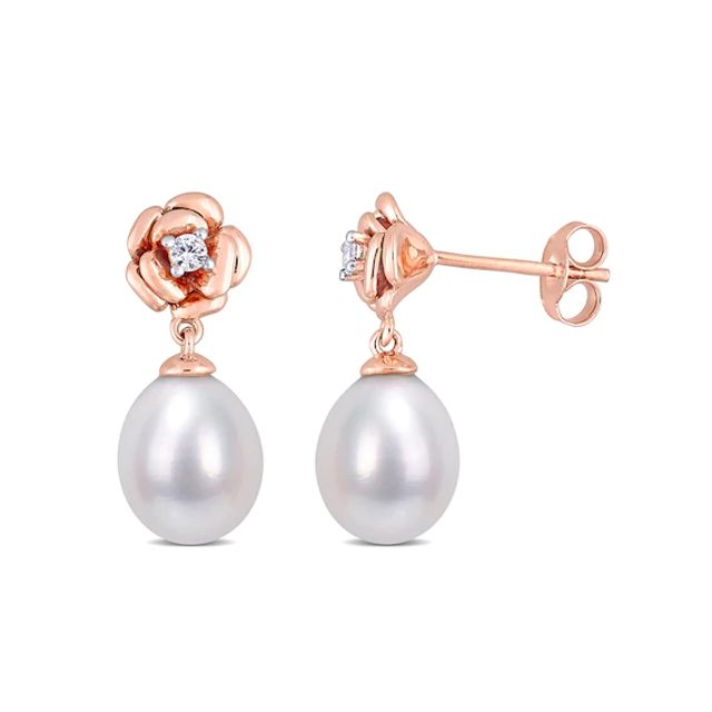 Baroque Freshwater Cultured Pearl and Lab-Created White Sapphire Rose Drop Earrings in Sterling Silver with Rose Rhodium