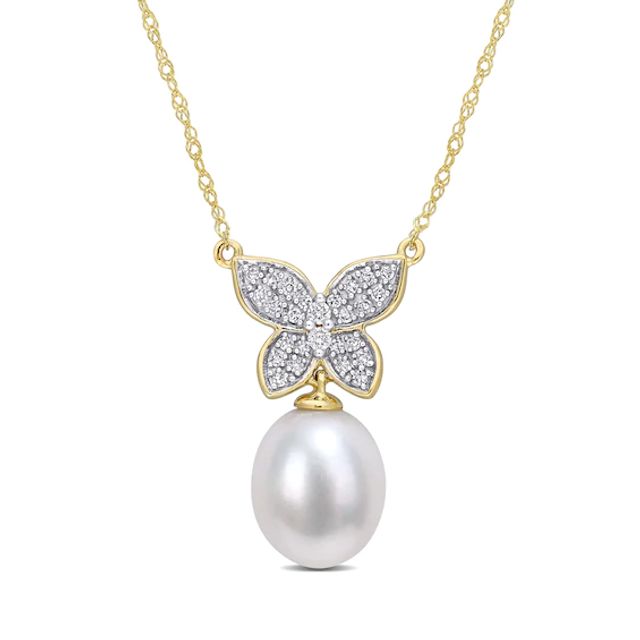 9.0-10.0mm Baroque Freshwater Cultured Pearl Drop and 1/8 CT. T.w. Diamond Butterfly Necklace in 10K Gold-17"