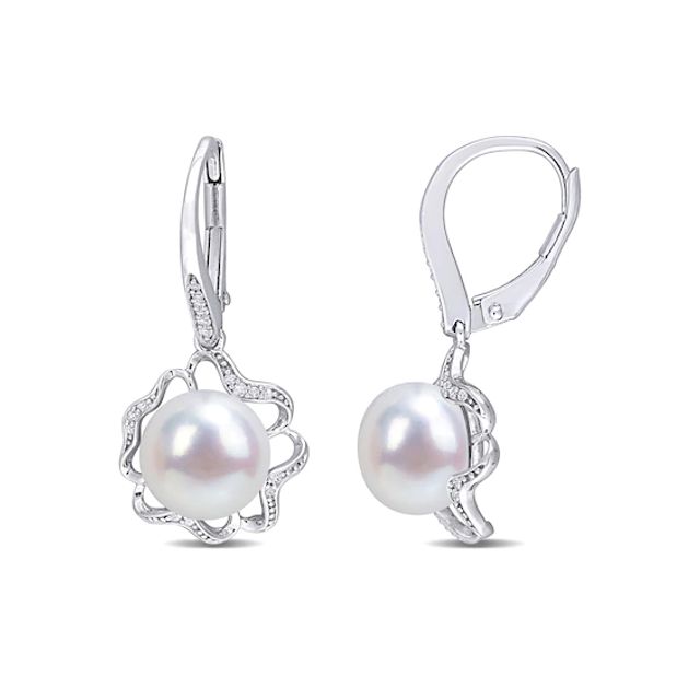 9.0-9.5mm Button Freshwater Cultured Pearl and 1/8 CT. T.w. Diamond Clover Frame Drop Earrings in Sterling Silver