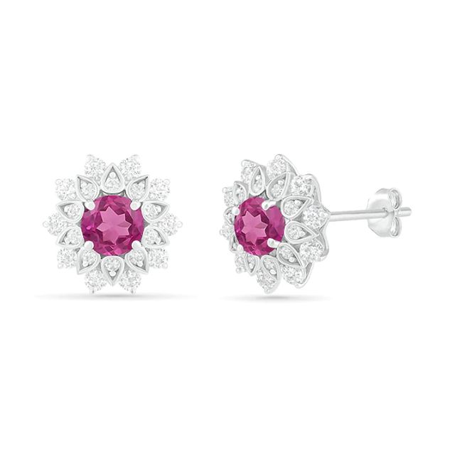 5.0mm Lab-Created Pink and White Sapphire Frame Flower Stud Earrings in Sterling Silver