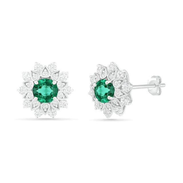 5.0mm Lab-Created Emerald and White Sapphire Frame Flower Stud Earrings in Sterling Silver