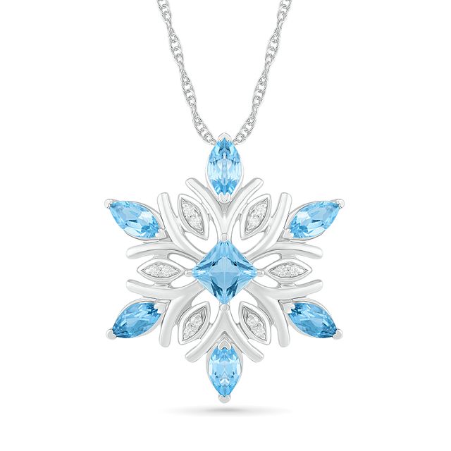 4.0mm Princess-Cut and Marquise Blue Topaz and 1/20 CT. T.w. Diamond Snowflake Pendant in Sterling Silver