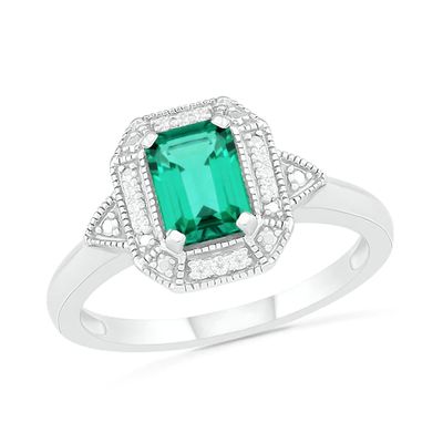 Emerald-Cut Lab-Created Emerald and 1/20 CT. T.w. Diamond Octagonal Frame Art Deco Vintage-Style Ring in Sterling Silver