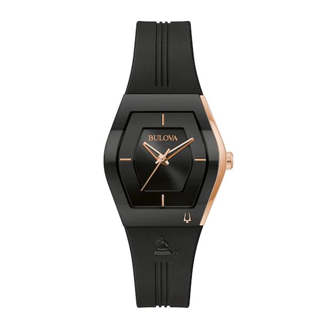 Ladies' Special Edition Bulova Modern Latin GrammyÂ® Gemini Two-Tone Strap Watch with Tonneau Black Dial (Model: 97L163)