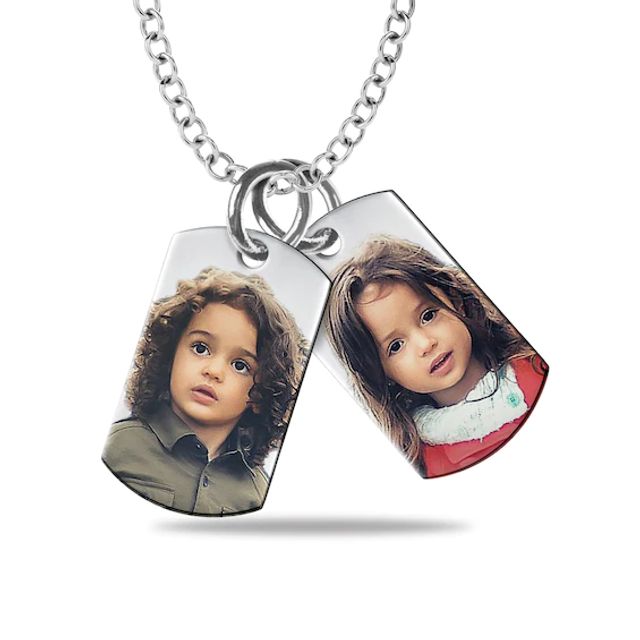 Small Engravable Photo Dog Tag Duo Pendant in Sterling Silver (2 Images and 2 Lines)