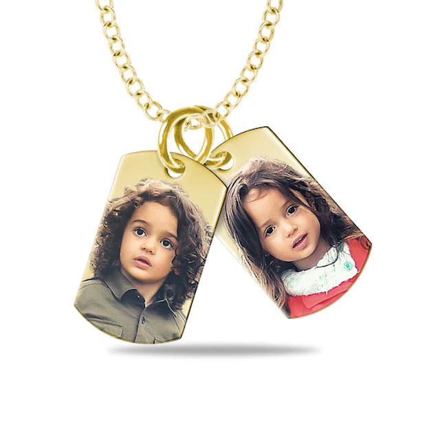 Small Engravable Photo Dog Tag Duo Pendant in 10K White, Yellow or Rose Gold (2 Images and 2 Lines)