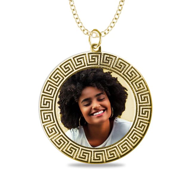 Engravable Photo Greek Key Frame Medallion Pendant in 10K White, Yellow or Rose Gold (1 Image and 3 Lines)