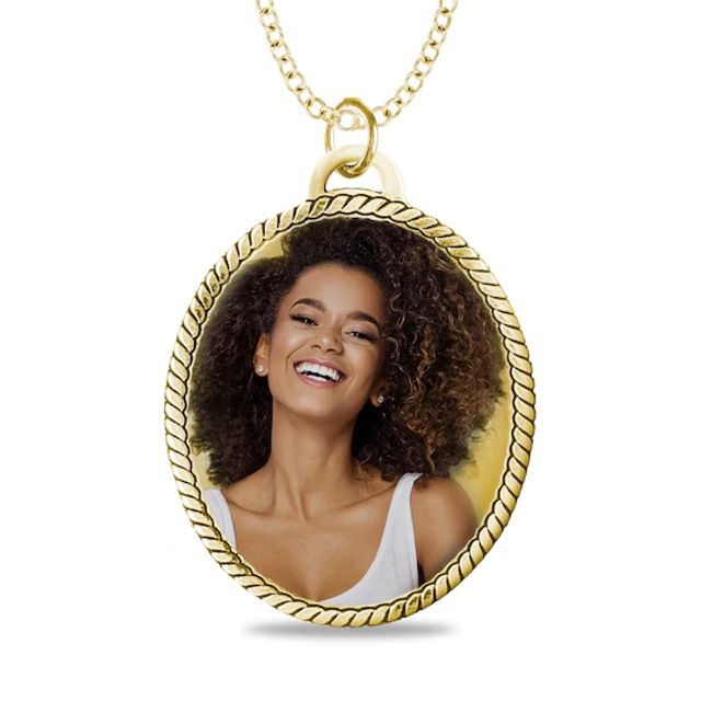 Engravable Photo Rope Frame Oval Pendant in 10K White, Yellow or Rose Gold (1 Image and 3 Lines)