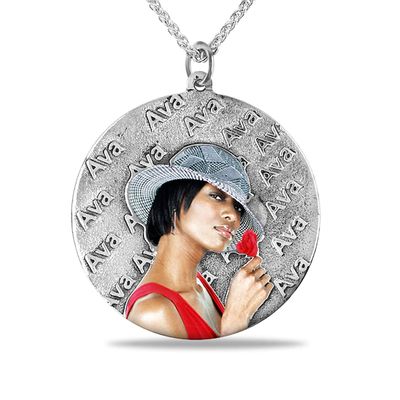 Men's Engravable Embossed Name Photo Disc Pendant in Sterling Silver (1 Image, 1 Name and 4 Lines)