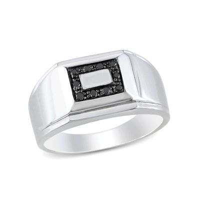 Men's 1/10 CT. T.w. Black Diamond Rectangular Frame Stepped Edge Signet Ring Sterling Silver