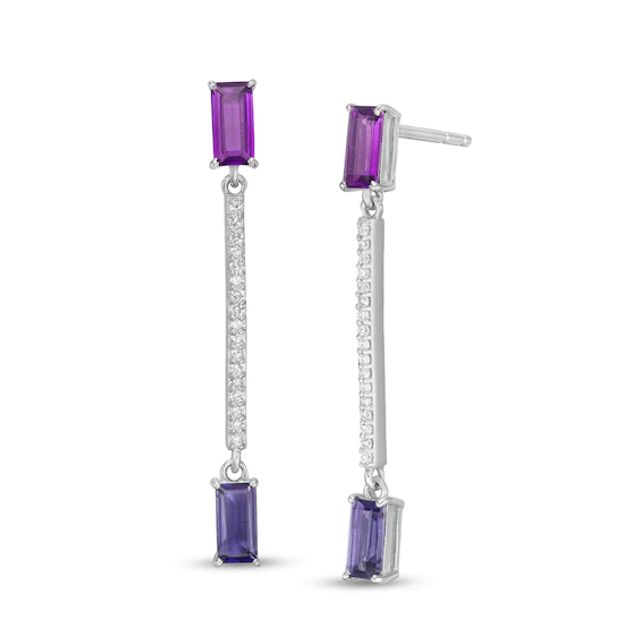 Marilyn Monroeâ¢ Collection Baguette Amethyst, Iolite and 1/6 CT. T.w. Diamond Linear Drop Earrings in Sterling Silver