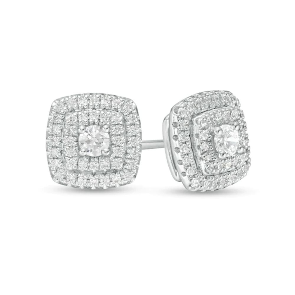 1/2 CT. T.w. Diamond Cushion Double Frame Stud Earrings in 10K White Gold