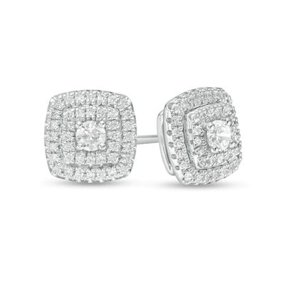 1/2 CT. T.w. Diamond Cushion Double Frame Stud Earrings in 10K White Gold