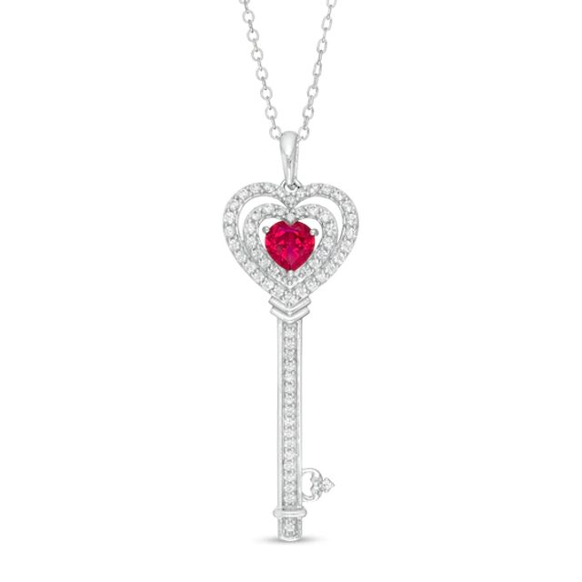 5.0mm Lab-Created Ruby and White Sapphire Heart-Top Key Pendant in Sterling Silver