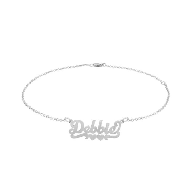 Script Name with Double Heart Ribbon Accent Anklet in Sterling Silver (1 Line) - 10"