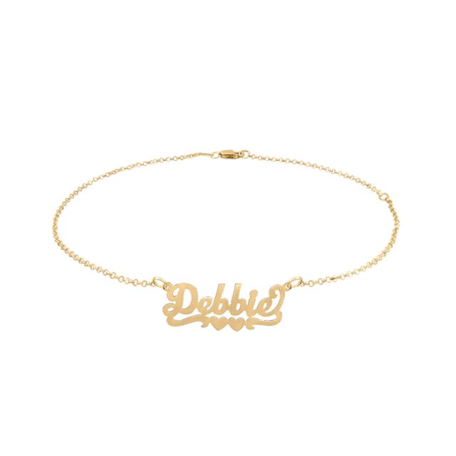 Script Name with Double Heart Ribbon Accent Anklet in Sterling Silver with 14K Yellow or Rose Gold Plate (1 Line) - 10"