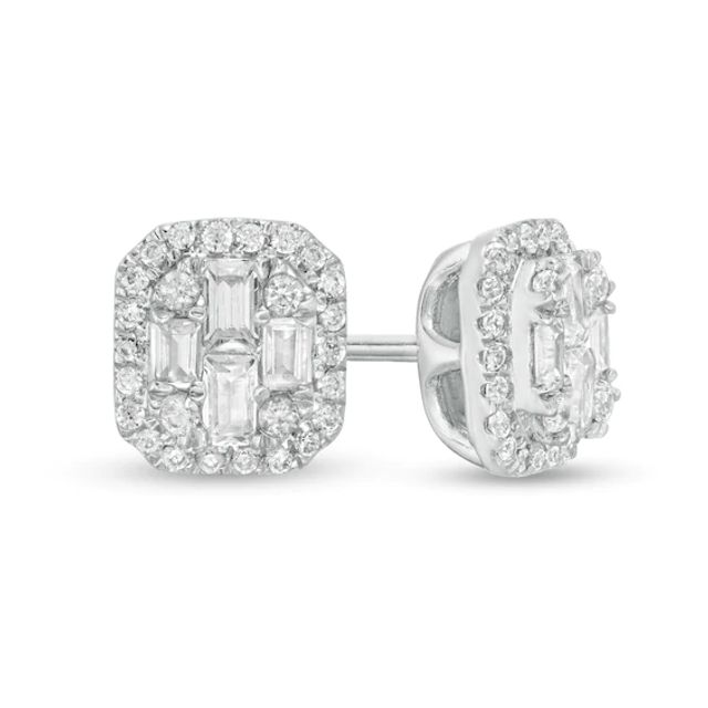 1/4 CT. T.w. Baguette and Round Composite Diamond Cushion Frame Stud Earrings in 10K White Gold