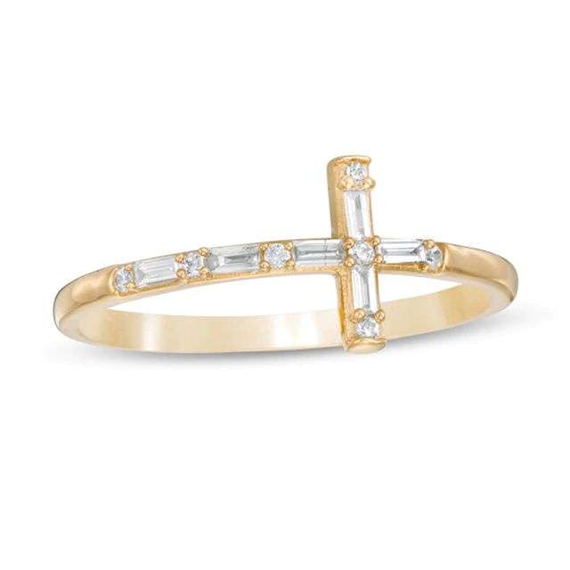 1/8 CT. T.w. Baguette and Round Diamond Cross Ring in 10K Gold