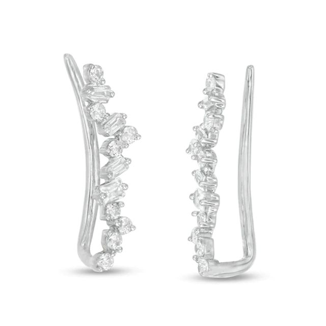 1/4 CT. T.w. Baguette and Round Diamond Crawler Earrings in 10K White Gold