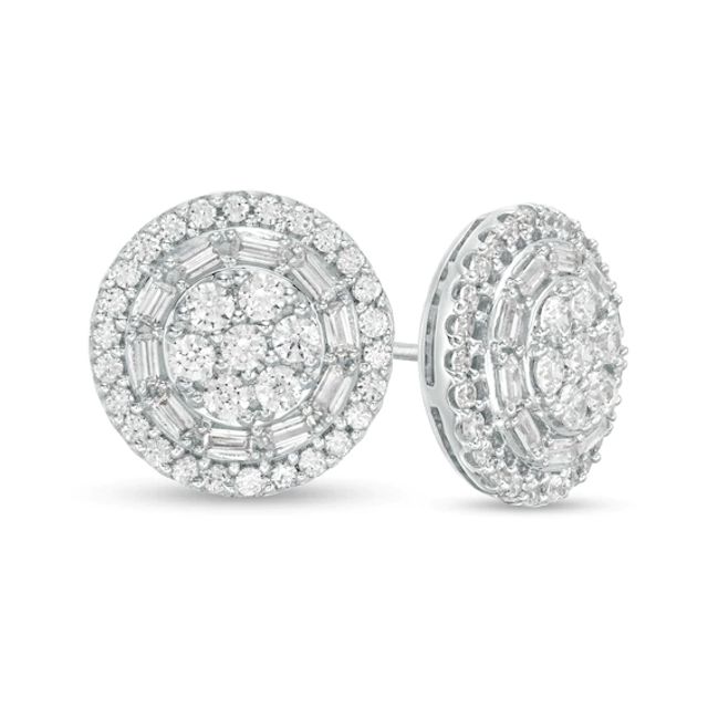 1 CT. T.w. Baguette and Round Diamond Frame Stud Earrings in 10K White Gold