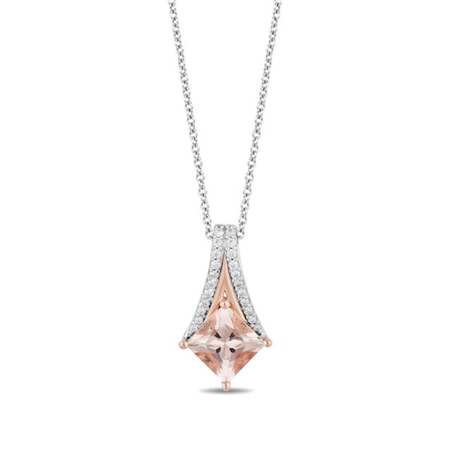 Enchanted Disney Aurora 6.0mm Princess-Cut Morganite and 1/10 CT. T.w. Diamond Pendant in Sterling Silver and 10K Rose Gold - 19"