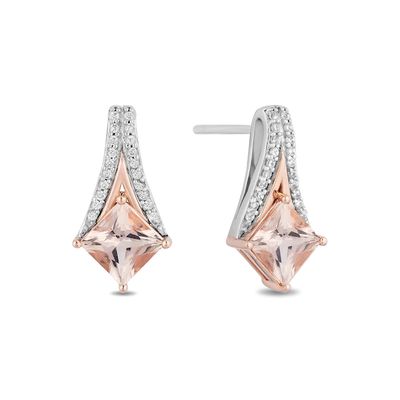 Enchanted Disney Aurora Princess-Cut Morganite and 1/10 CT. T.w. Diamond Earrings in Sterling Silver and 10K Rose Gold