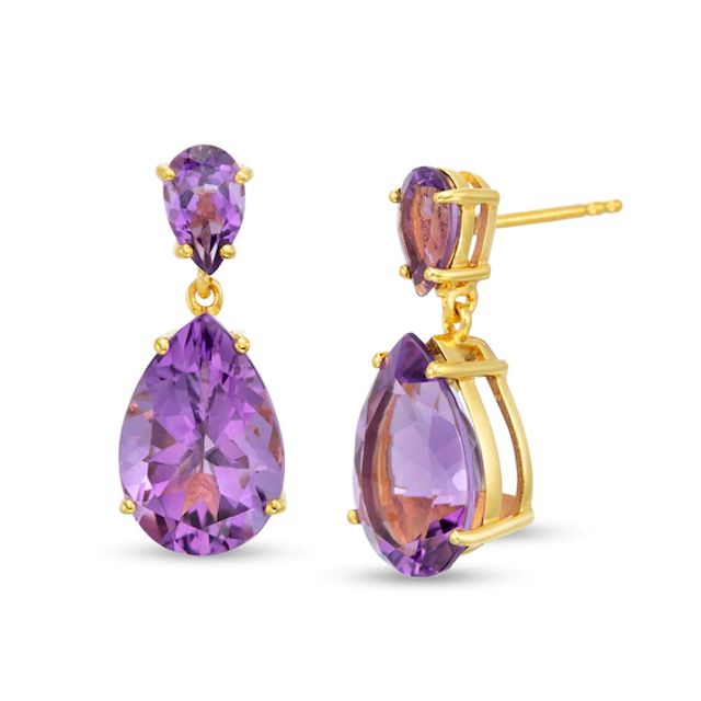 Pear-Shaped Amethyst Double Teardrop Earrings in Sterling Silver with 10K Gold Plate