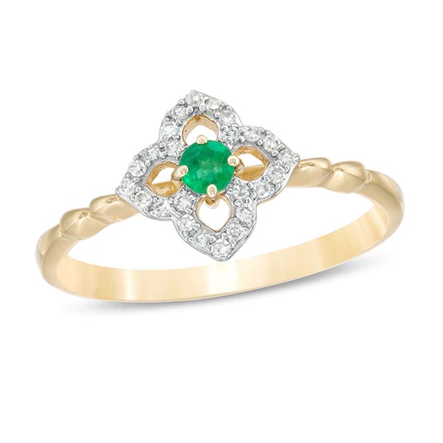 3.0mm Emerald and 1/10 CT. T.w. Diamond Open Petal Frame Scallop Shank Flower Ring in 10K Gold