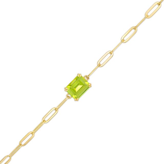 Emerald-Cut Peridot Solitaire Paper Clip Chain Bracelet in Sterling Silver with 18K Gold Plate - 7.25"