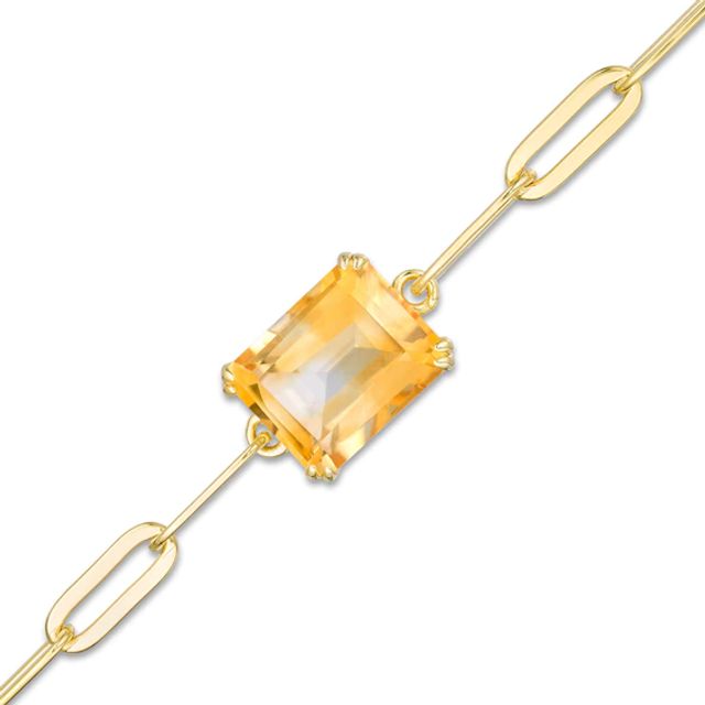 Emerald-Cut Citrine Solitaire Paper Clip Chain Bracelet in Sterling Silver with 18K Gold Plate - 7.25"